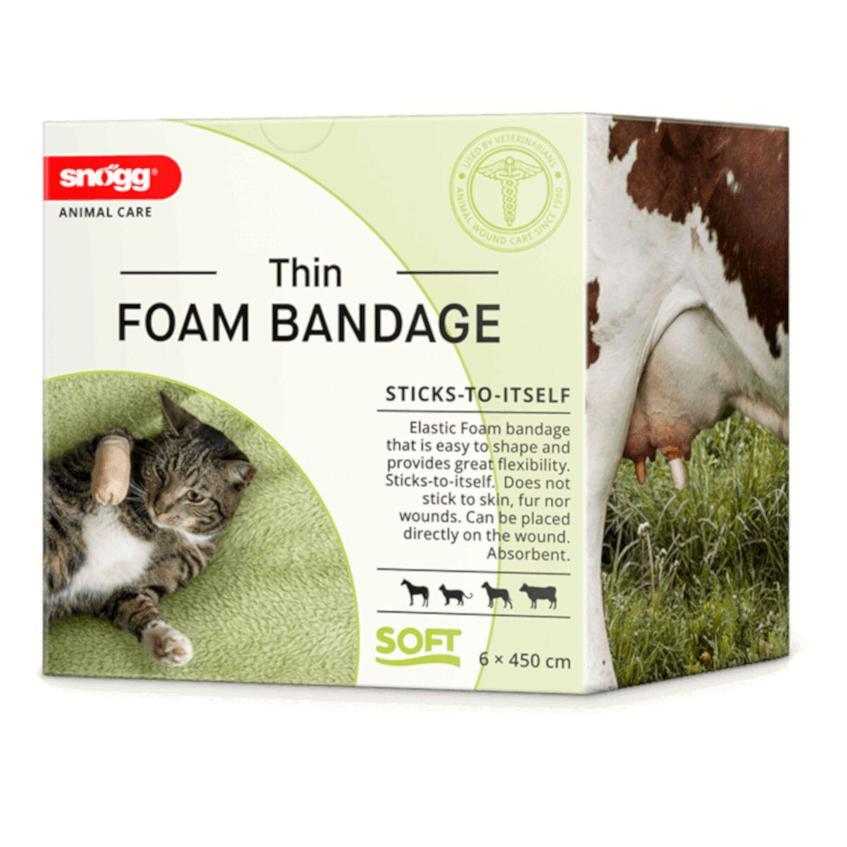 Verpackung mit Snögg Thin Foam Bandage, Katze und Kuh-Euter-Grafik.