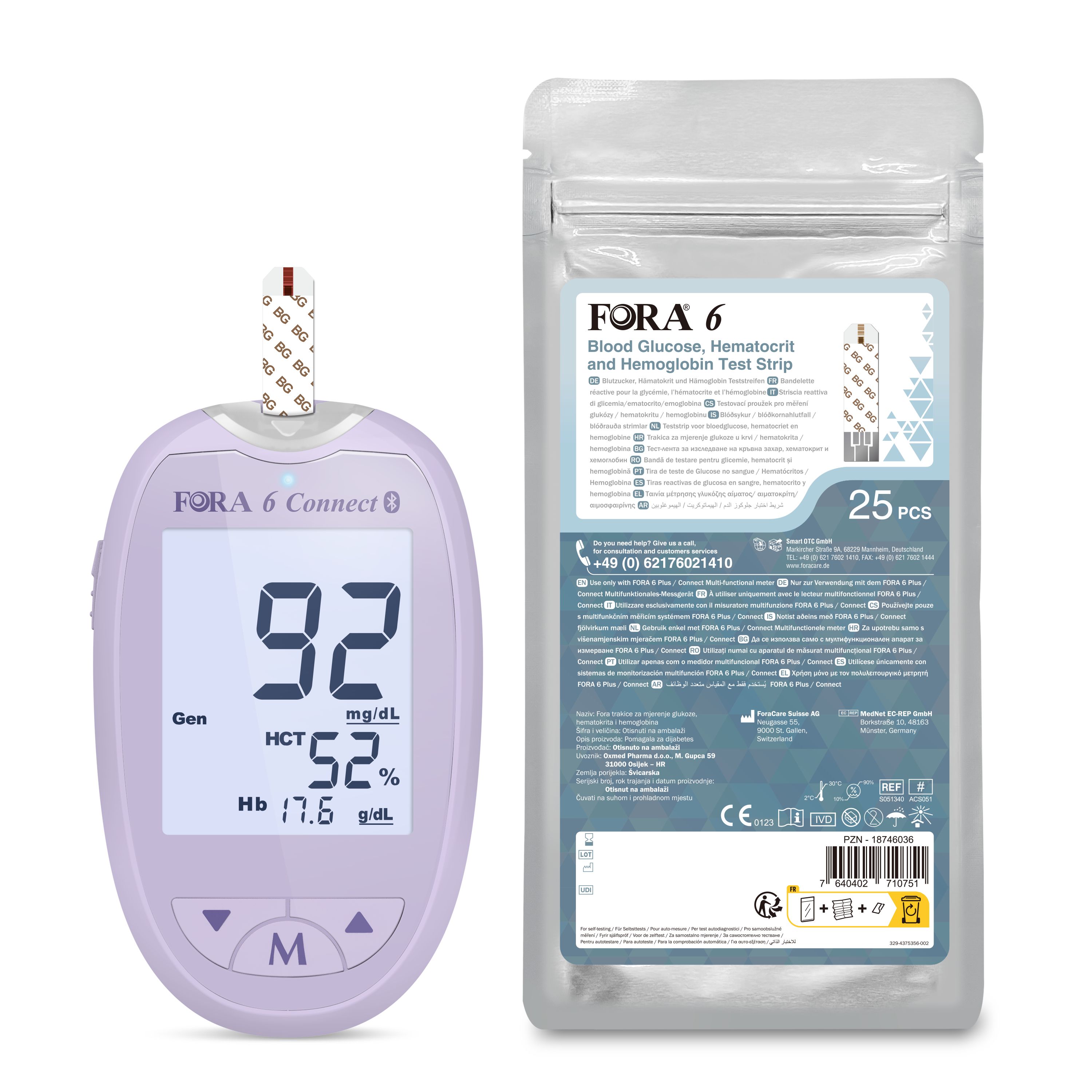 Blutzuckermessgerät mit Display. Teststreifen-Packung mit Aufdruck FORA 6.