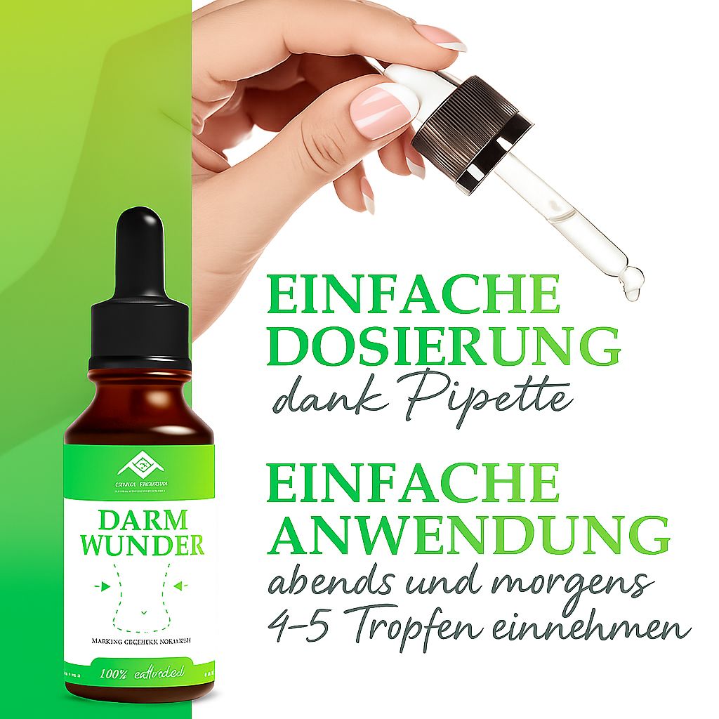 Braune Flasche mit Pipette, Label "Pharma Health Darm Wunder". Text: Einfache Dosierung dank Pipette.