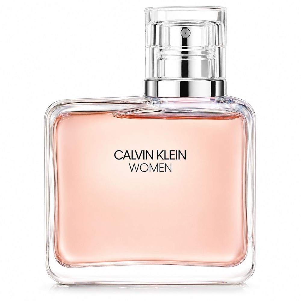 Calvin Klein Women Eau de Parfum Flakon mit silbernem Sprühkopf und klarem Verschluss.
