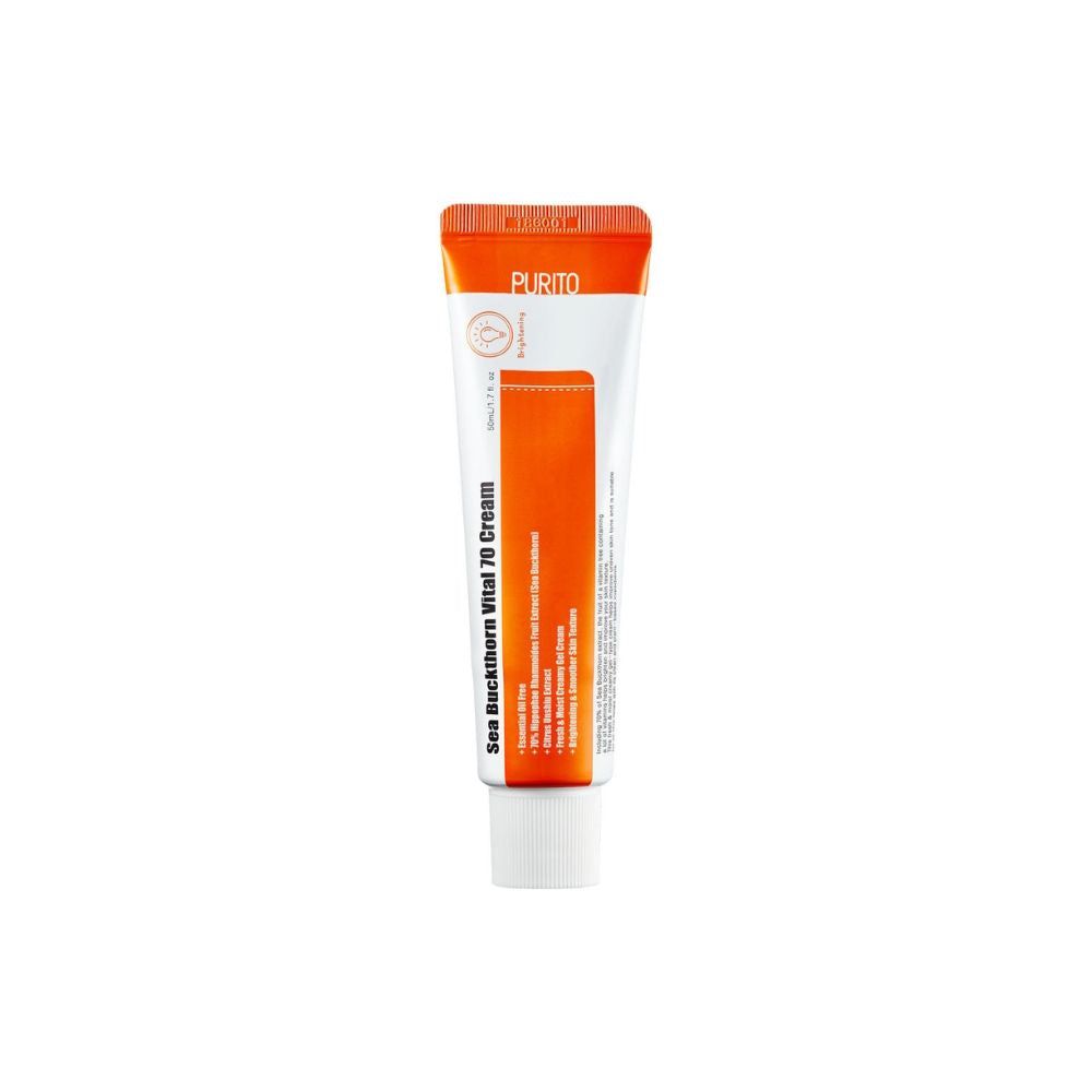 Creme-Tube mit orangefarbenem Deckel und Aufdruck. Produktname: Sea Buckthorn Vital 70 Cream. Marke: Purito.