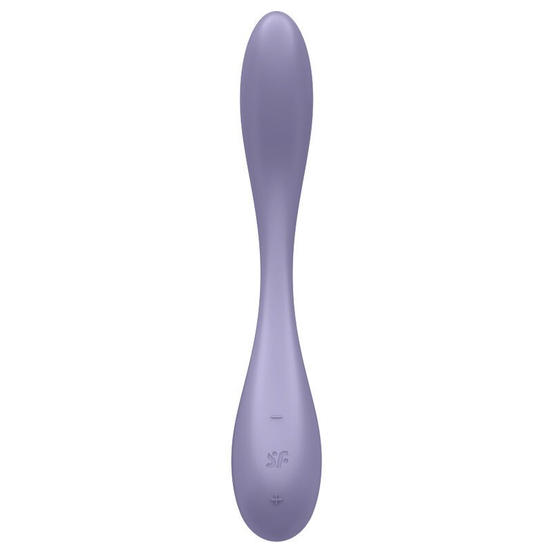 Lila Vibrator mit geschwungener Form. Glatte Oberfläche. Aufschrift: SF. Auf weißem Hintergrund.