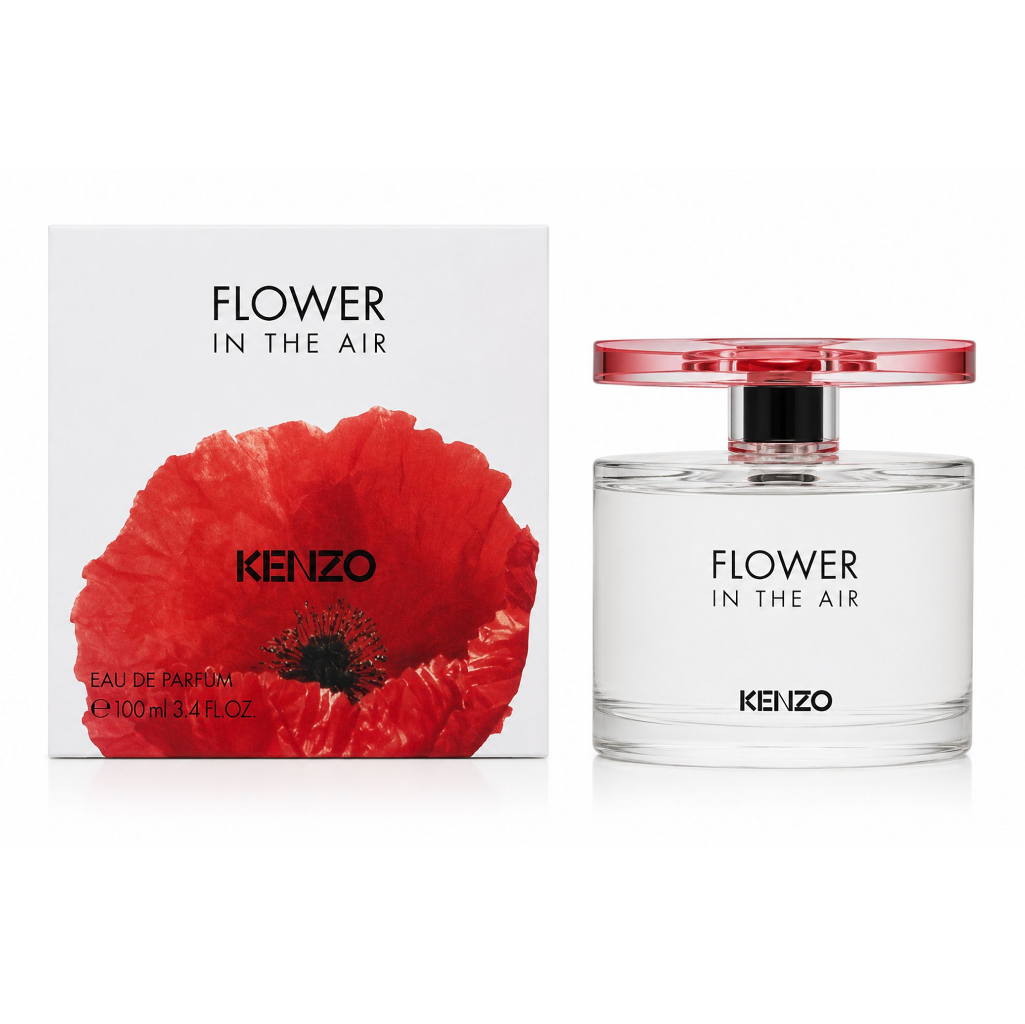 Kenzo Flower In The Air Eau de Parfum Flakon und Verpackung mit roter Mohnblume.