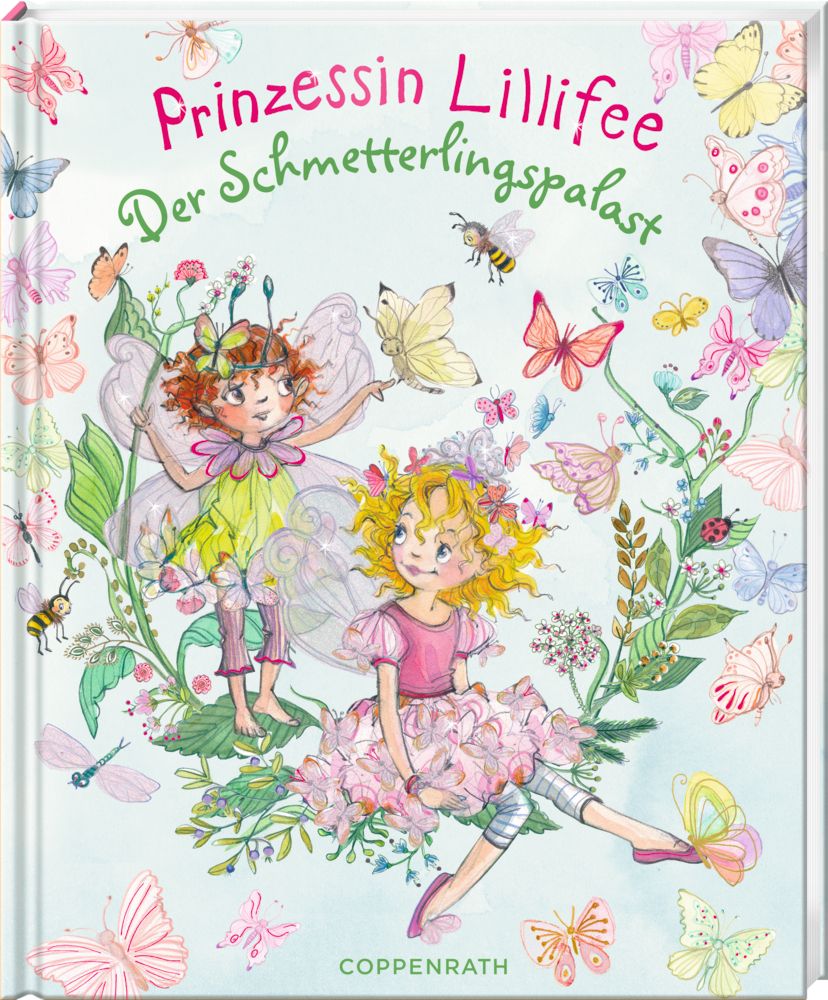 Buchcover mit Illustrationen. Titel: Prinzessin Lillifee - Der Schmetterlingspalast. Zwei Mädchen, Schmetterlinge, Blumen und das Logo von Coppenrath.