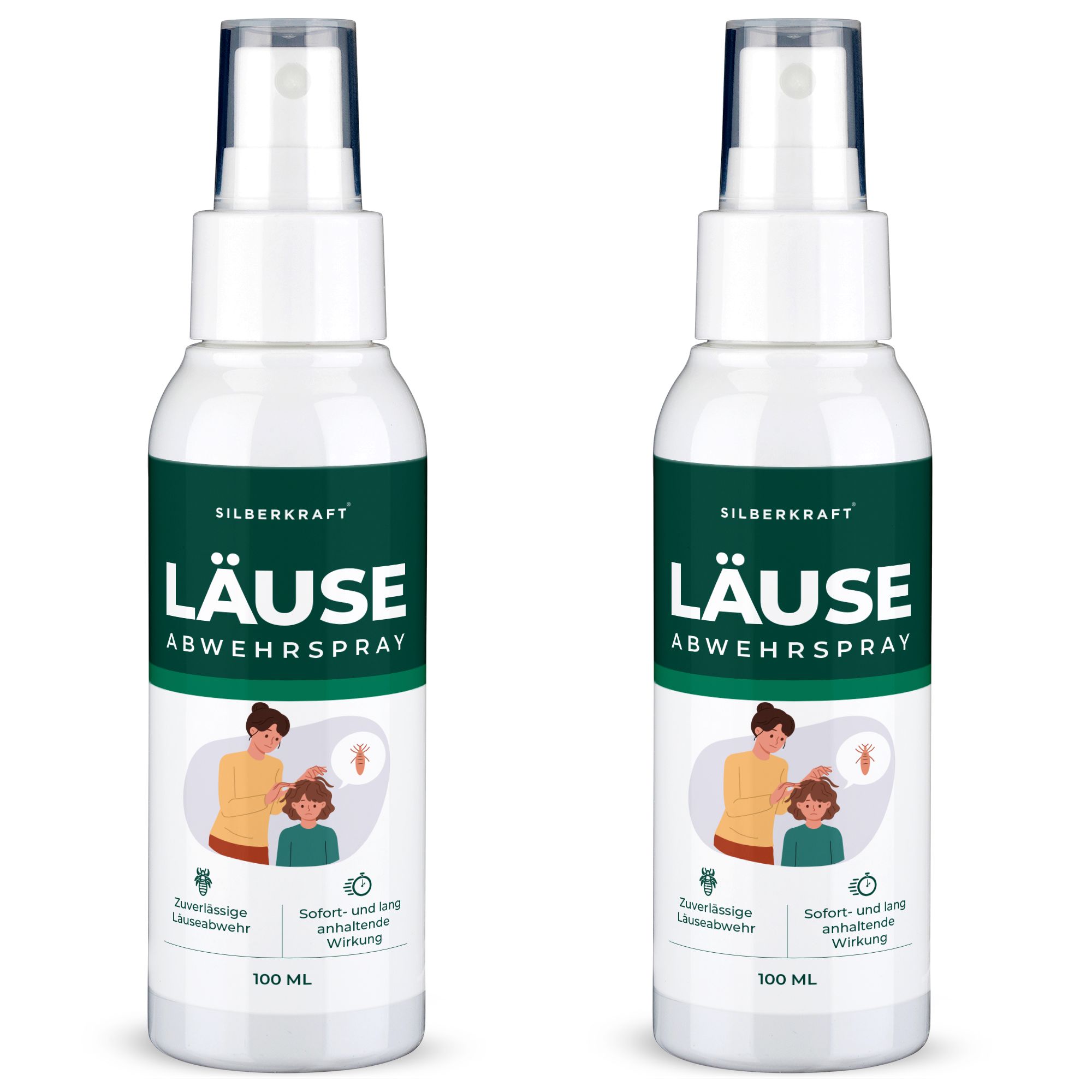 Zwei 100ml Sprühflaschen Silberkraft Läuse Abwehrspray. Weiße Flaschen mit grünen Etiketten und Sprühköpfen.