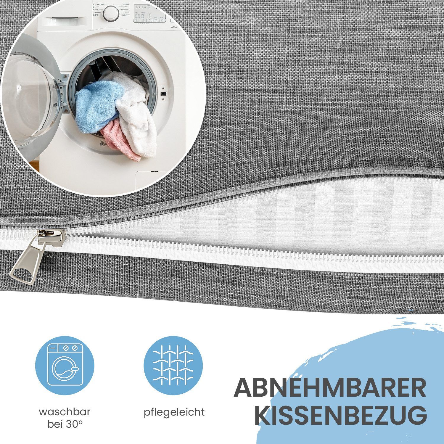 Nahaufnahme eines Reißverschlusses an einem grauen Kissenbezug. Text: Abnehmbarer Kissenbezug.