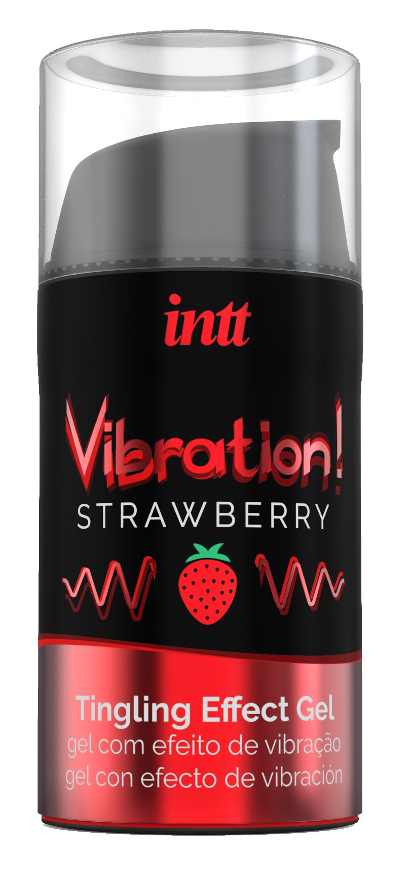 Gel-Flasche, schwarz-rot, mit Aufschrift 'intt Vibration! Strawberry'. Transparenter Deckel. Text: 'Tingling Effect Gel'.