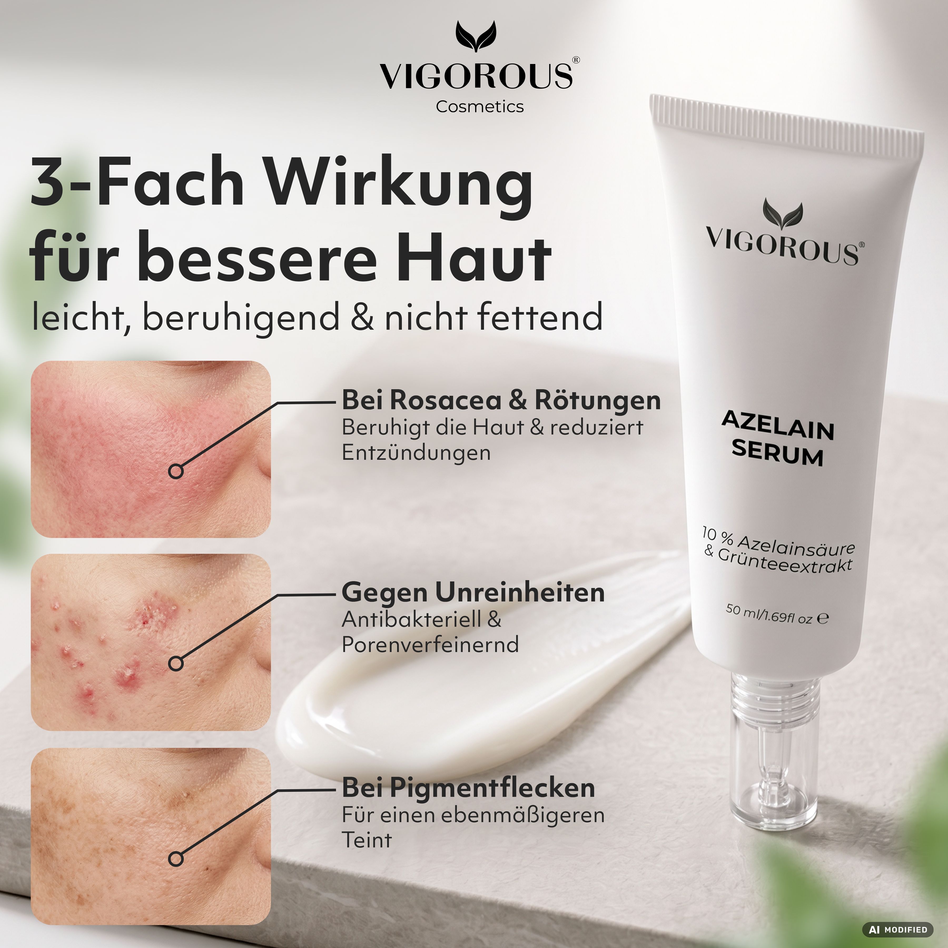 Hautbilder: Rosacea, Unreinheiten, Pigmentflecken. VIGOROUS Azelain Serum wirkt 3-fach.