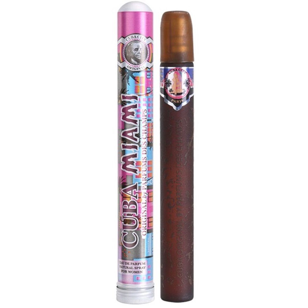 Parfumspray in Zylinderverpackung. Rosa, blau und weiß. Aufschrift: CUBA MIAMI. Flakon in Zigarrenform.