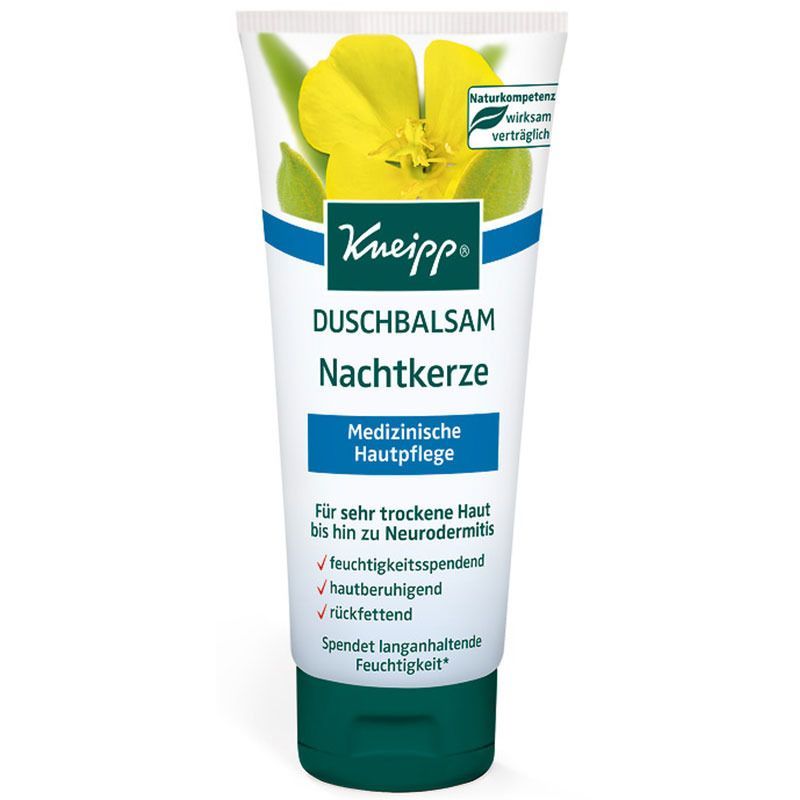 Weiß-blaue Tube mit Kneipp Duschbalsam Nachtkerze. Aufschrift: Medizinische Hautpflege. Mit Blüten- und Blättermotiv. Grün-weißer Deckel.