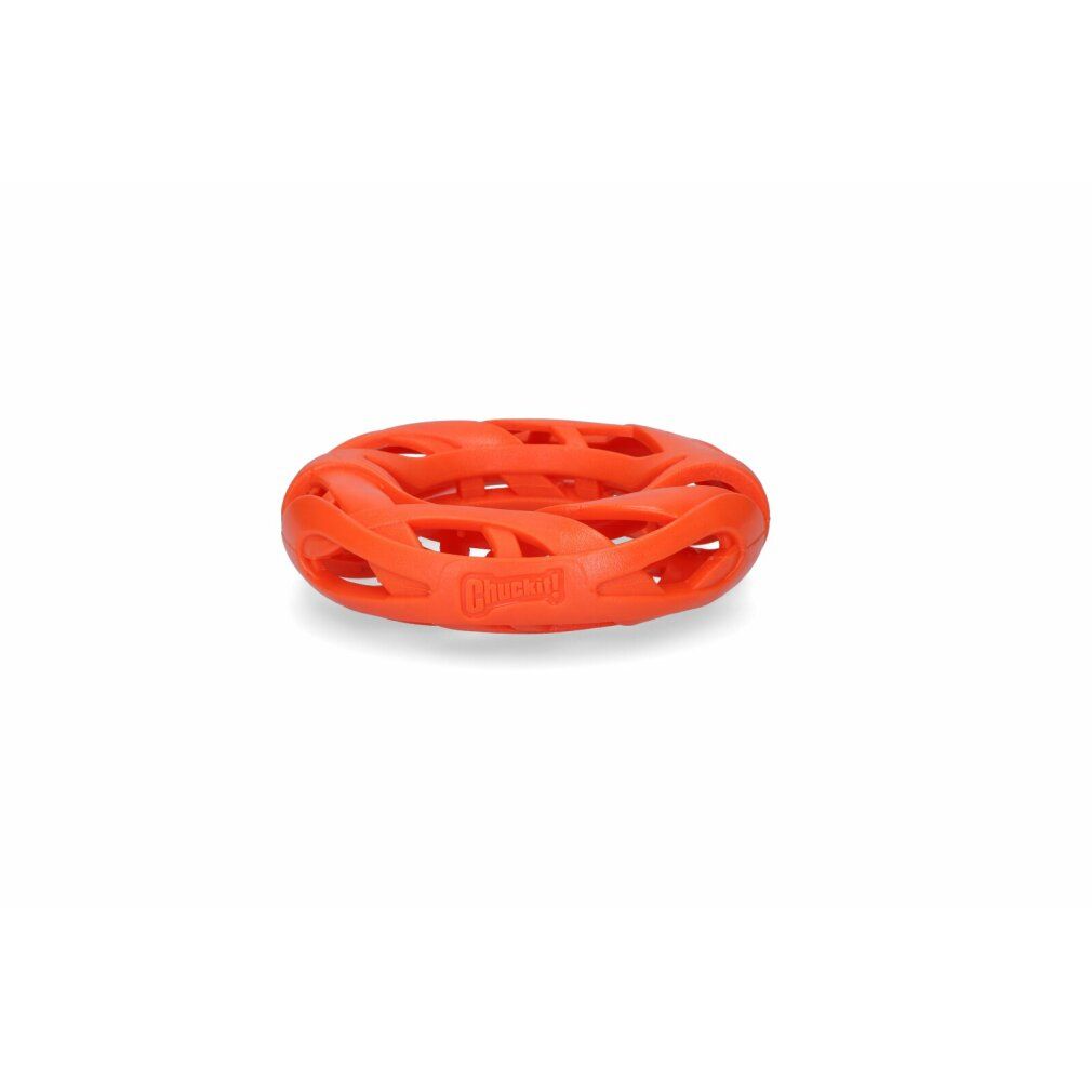 Orangefarbener Ring mit Löchern. Aufschrift 'Chuckit!'