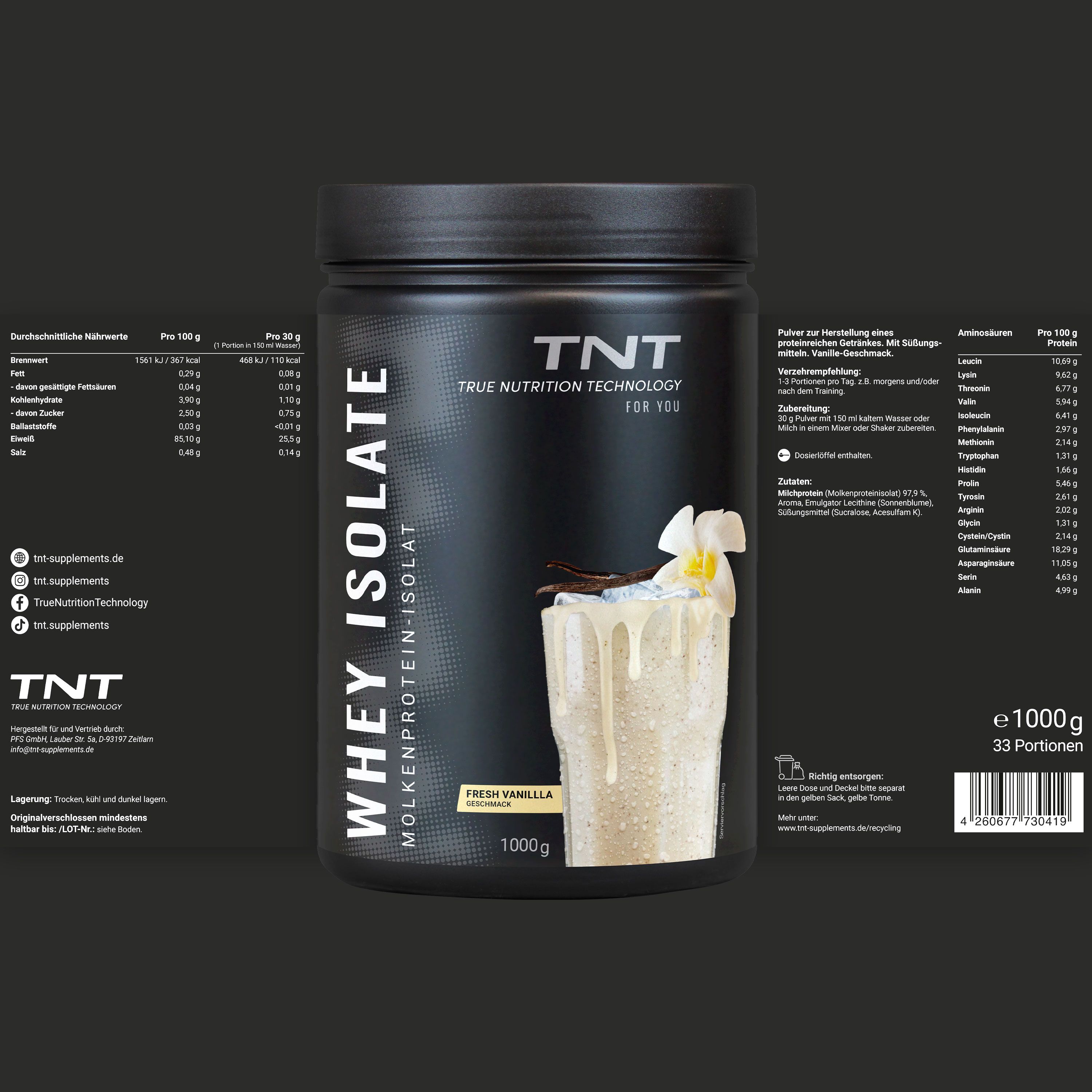 TNT Whey Isolate Dose mit Nährwertangaben. 1000g, 33 Portionen. Produktname und Logo deutlich sichtbar.