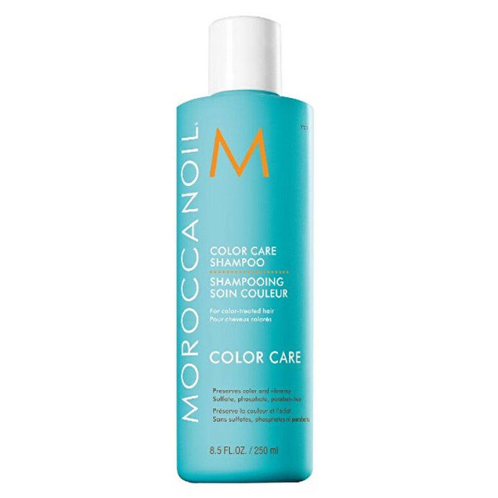 Türkisfarbene Flasche mit weißem Deckel. Aufschrift: Moroccanoil, Color Care Shampoo. Orangefarbenes Logo.
