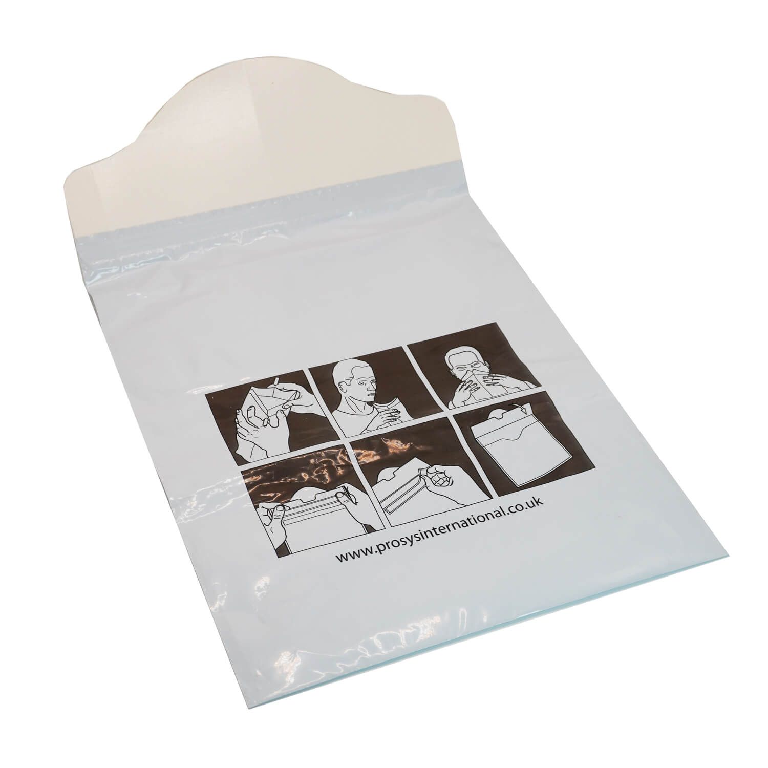 Beutel mit weißem Körper und cremefarbenem Mundstück. Aufdruck mit Piktogrammen und Website-Adresse.