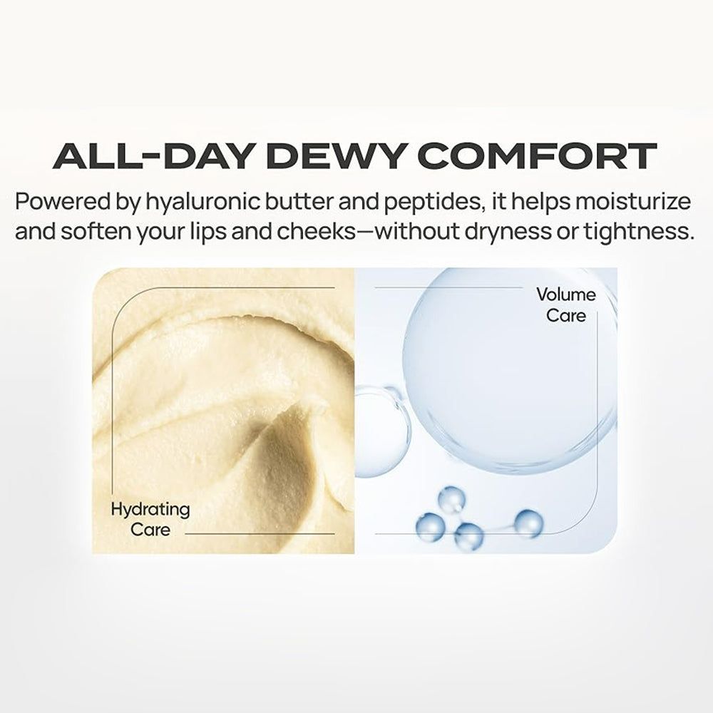 Zwei Textfelder. Links: cremige Textur. Rechts: blaue Kugeln. Text: "ALL-DAY DEWY COMFORT".