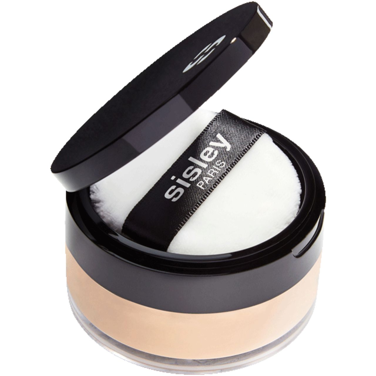 Puderbehälter mit geöffnetem Deckel. Puderquaste mit Sisley-Logo. Schwarzer Deckel, beige Puder.