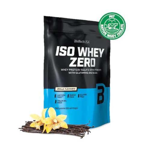 Schwarze Tüte mit blauem Streifen. Aufschrift: ISO WHEY ZERO. Vanille Geschmack. Mit Vanilleschoten und Blüten. 500g.