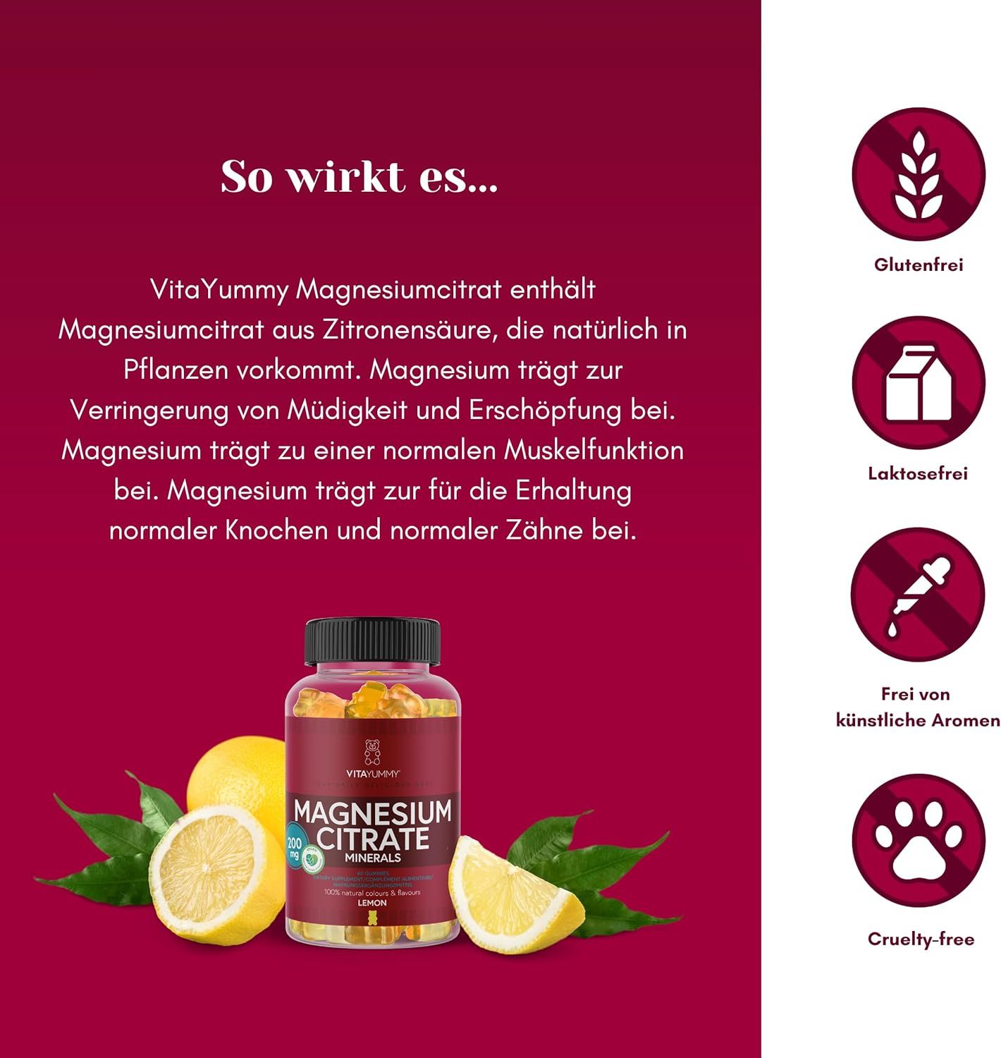 Flasche mit Magnesium Citrat Minerals. Text über Inhaltsstoffe und Vorteile. Symbole für glutenfrei, laktosefrei, etc.