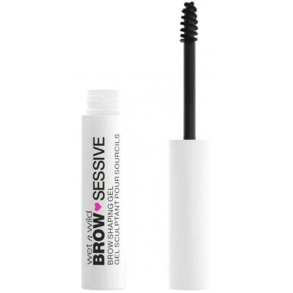 Weißer Behälter mit schwarzer Schrift: Brow Sessive Brow Shaping Gel. Schwarze Bürste mit spiralförmigen Borsten.