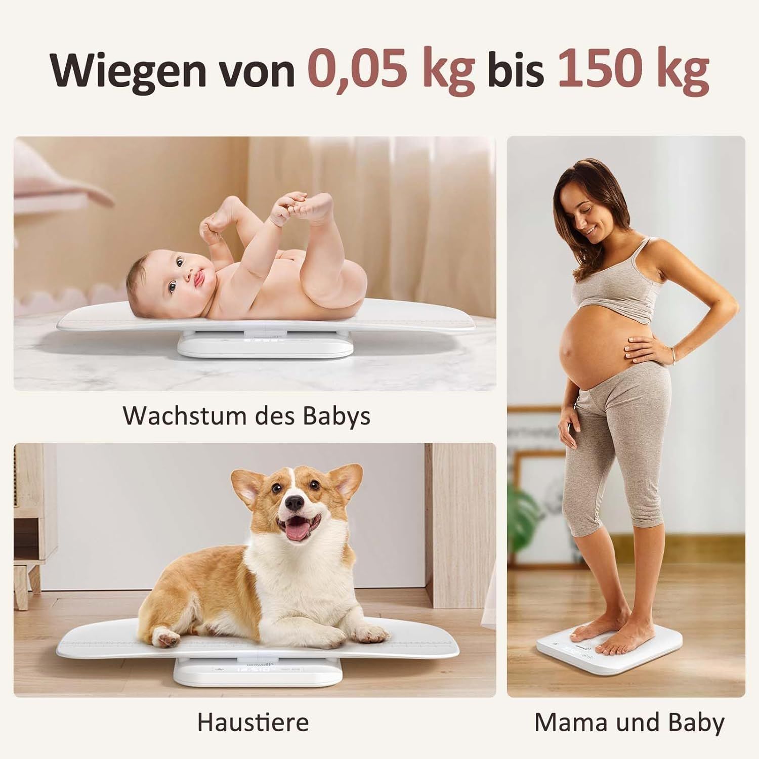 Waage für Babys, Haustiere und Erwachsene. Anzeige von 0,05 kg bis 150 kg.