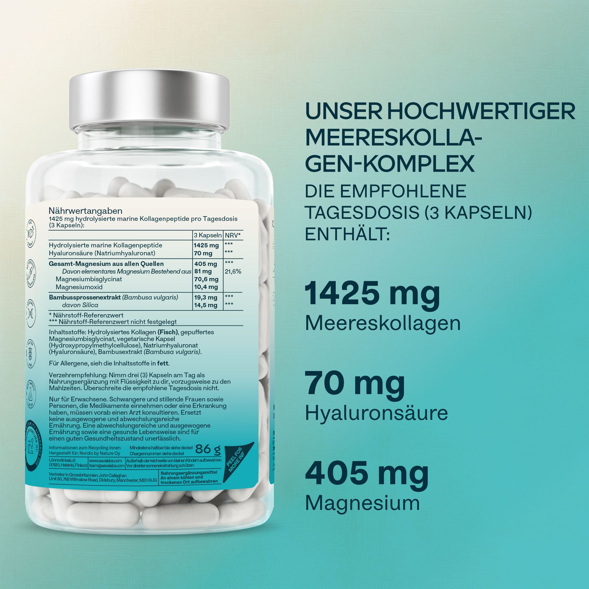 Rückseite der Kapsel-Glasflasche. Nährwertangaben. 86g. Marine Collagen. Mit Magnesium und Hyaluronsäure.