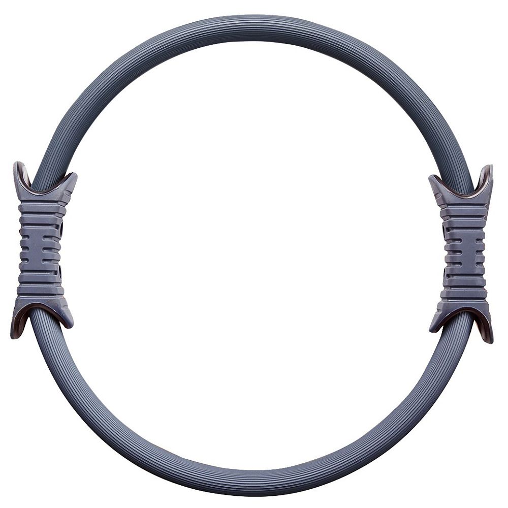 Grauer Pilates-Ring mit zwei Griffen. Ringförmig, aus flexiblem Material. Griffe an gegenüberliegenden Seiten.