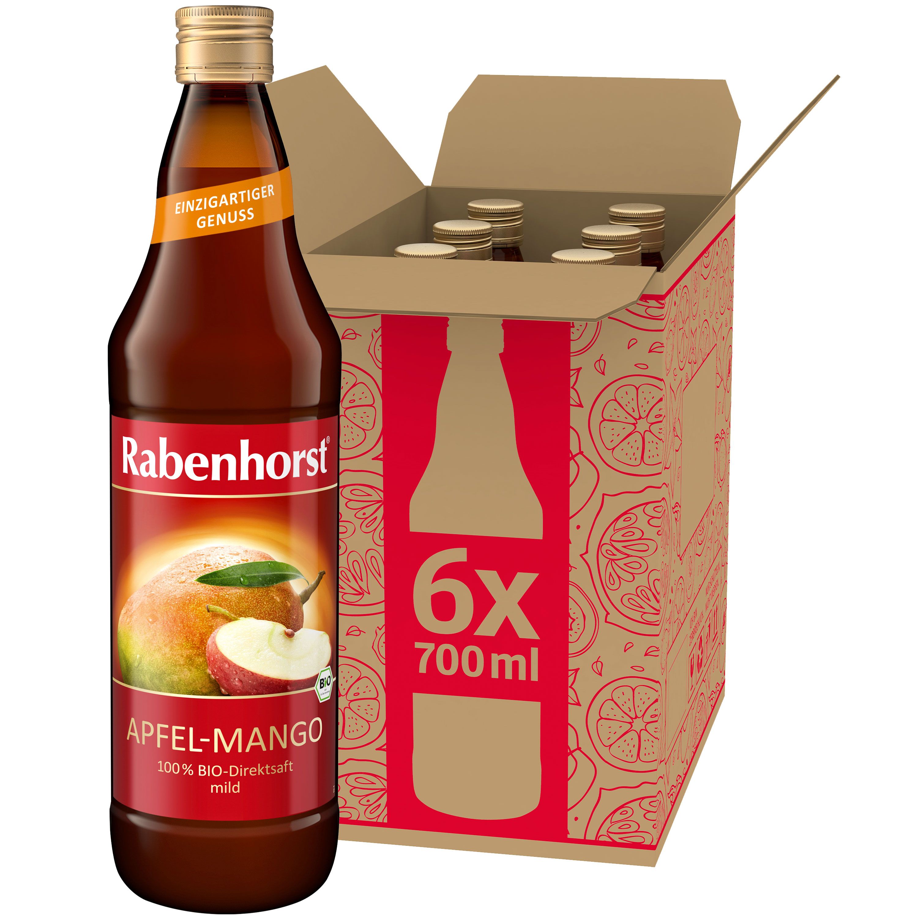 Braune Glasflasche mit Etikett, Apfel-Mango-Saft, neben Karton mit 6 Flaschen. Aufschrift: Rabenhorst, Apfel-Mango BIO.