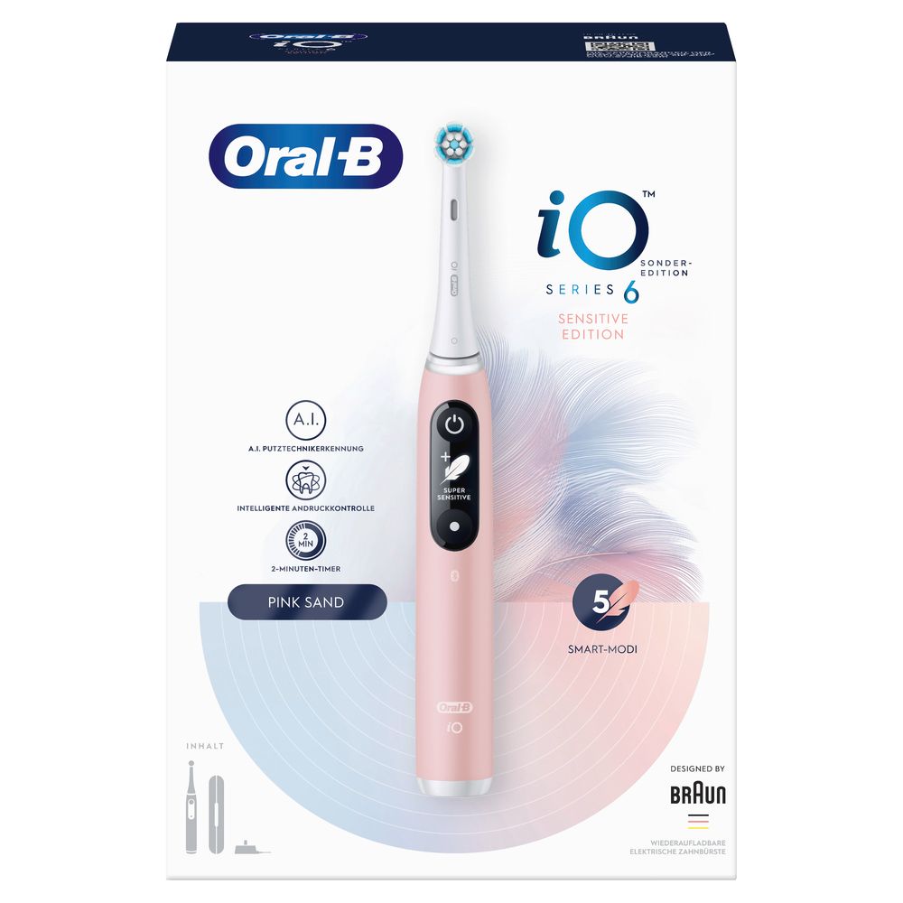 Verpackung der elektrischen Zahnbürste Pink Sand. Oral-B iO Series 6, 5 Smart-Modi.