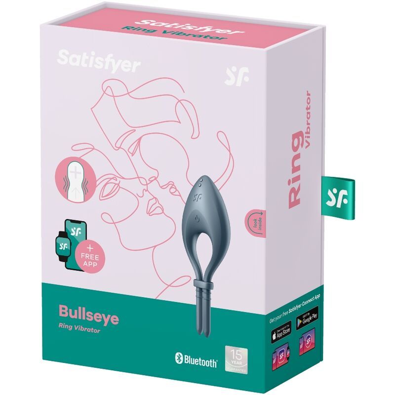 Blauer Ringvibrator in Verpackung. Marke: Satisfyer. Aufschrift: Bullseye Ring Vibrator. Bluetooth-Logo.