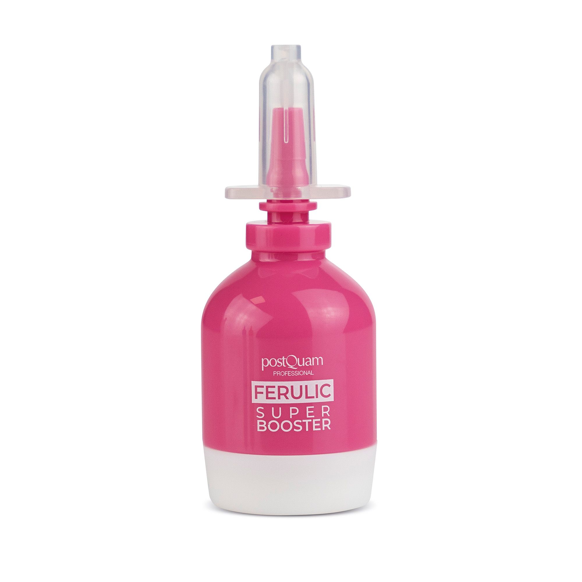 Rosa Flasche mit weißem Boden und durchsichtigem Aufsatz. Text: FERULIC SUPER BOOSTER.
