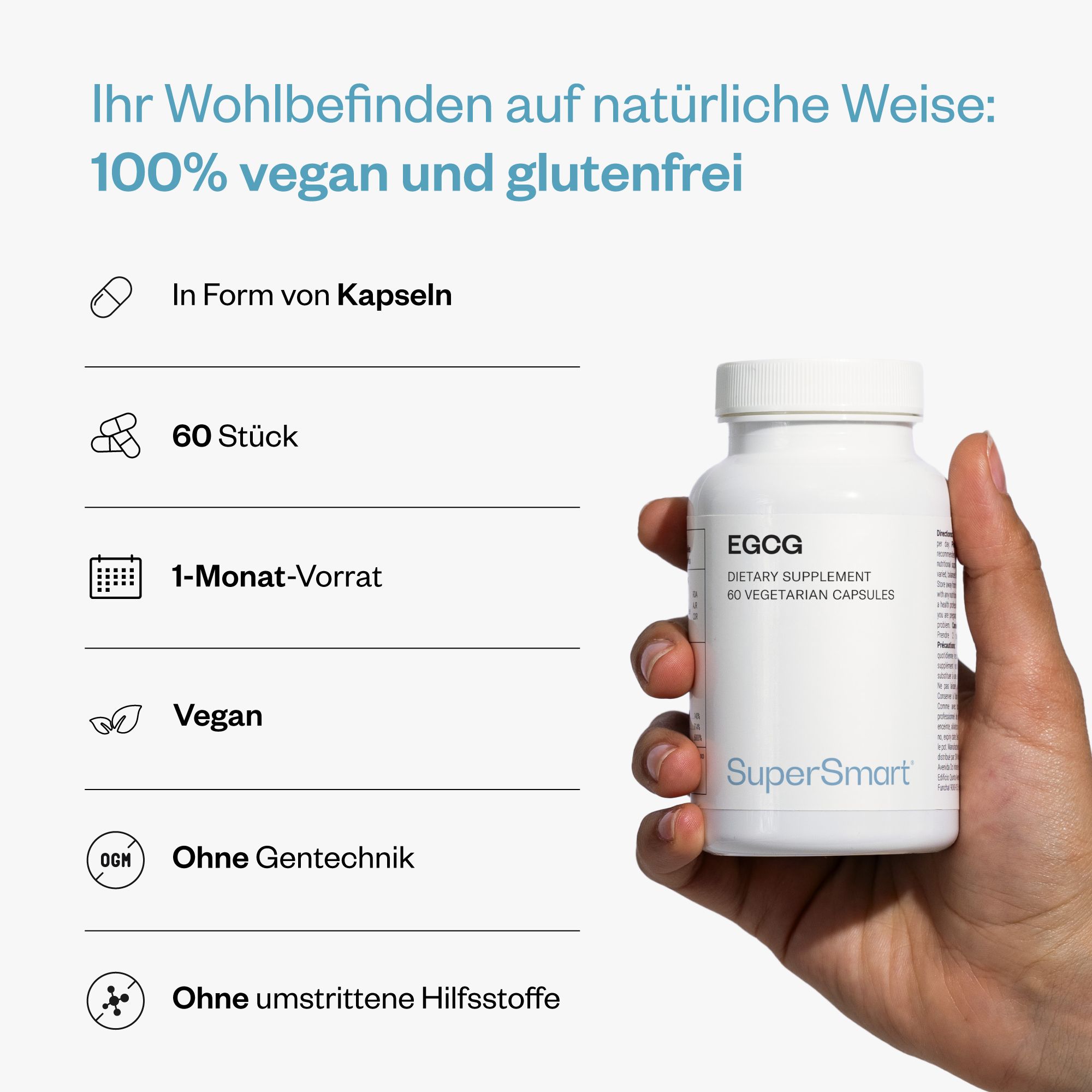 Hand hält eine weiße Flasche EGCG-Kapseln. Text: EGCG, Dietary Supplement, 60 Vegetarian Capsules. Marke SuperSmart.