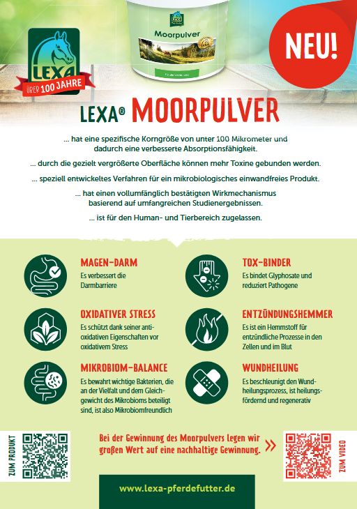 Werbeflyer mit LEXA Moorpulver. Text in Deutsch. Logos und Illustrationen. QR-Codes.