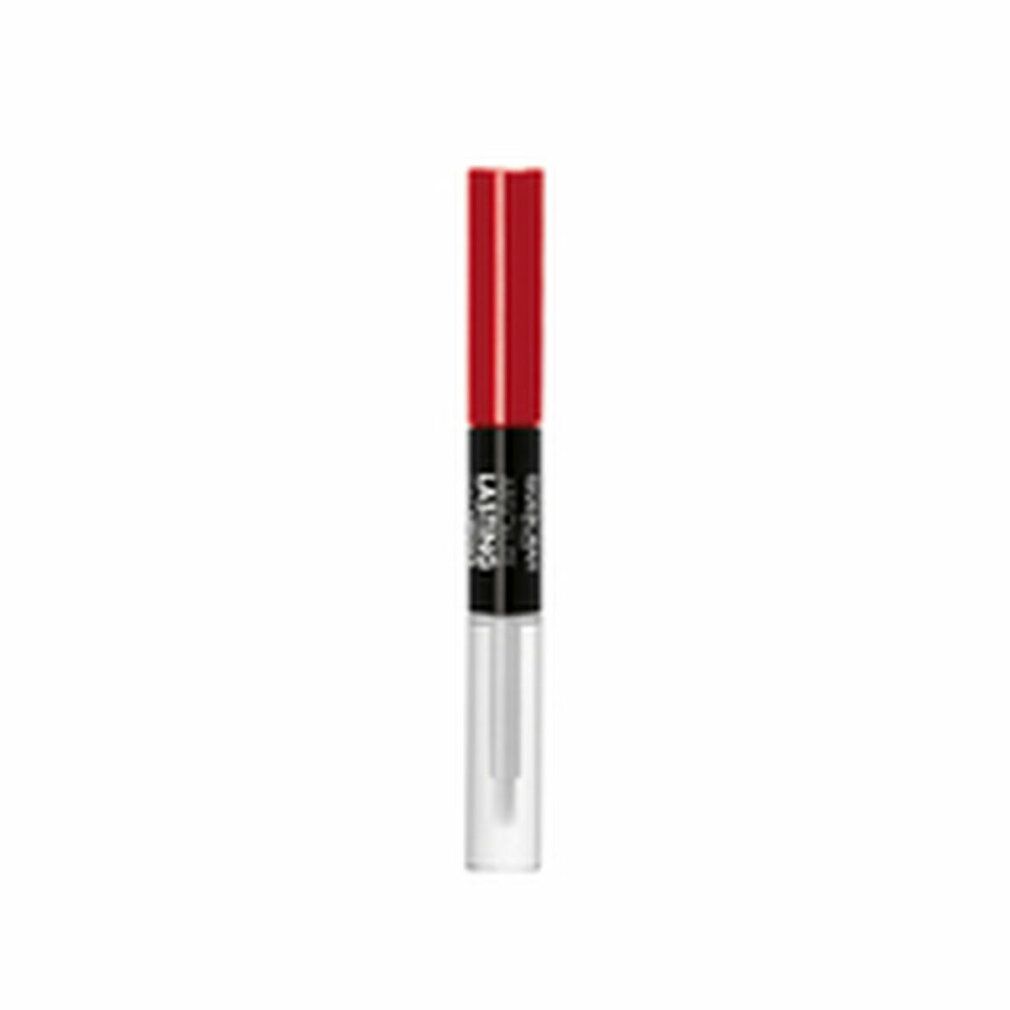 Doppel-Lippenstift. Roter Deckel, schwarzer Mittelteil mit Schriftzug. Transparenter Behälter mit Applikator. Produktname: Absolute Lasting.