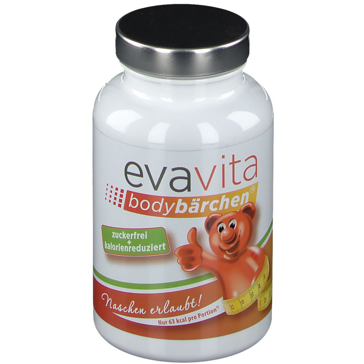 Weiße Flasche mit schwarzem Deckel. Aufschrift: evavita bodybärchen, zuckerfrei, kalorienreduziert. Bär mit Maßband.