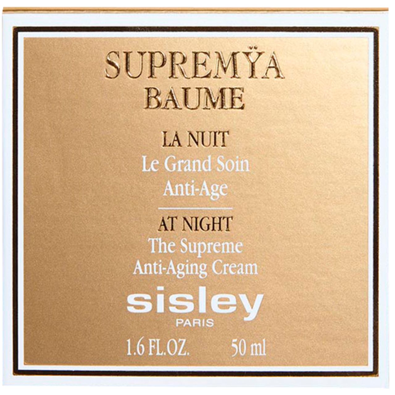 Goldfarbene Verpackung mit Text. Aufschrift: SUPREMYA BAUME, LA NUIT, Anti-Age, AT NIGHT, sisley PARIS. 1.6 FL.OZ. 50 ml.