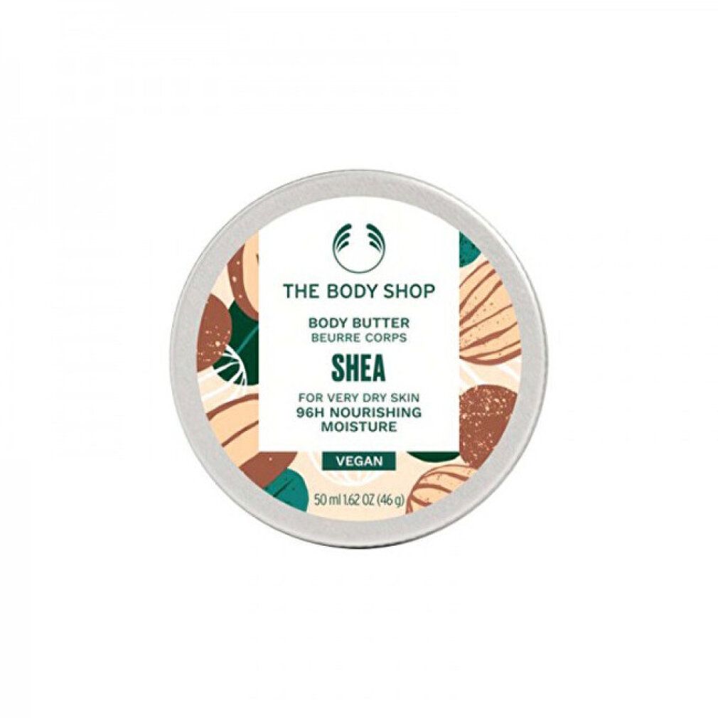 Runde Dose mit Deckel. Aufschrift: Body Butter Shea, für sehr trockene Haut, 96h Feuchtigkeit. Vegan. 50 ml.