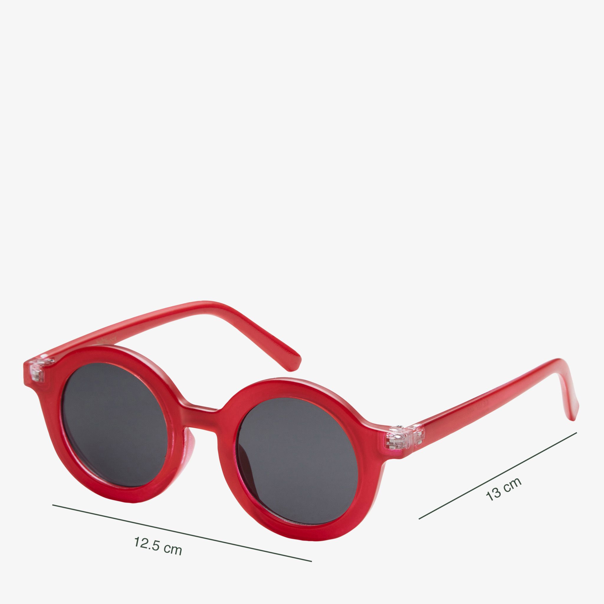 Rote Sonnenbrille mit runden Gläsern. Abmessungen: 12,5 cm x 13 cm. Schwarze Gläser.