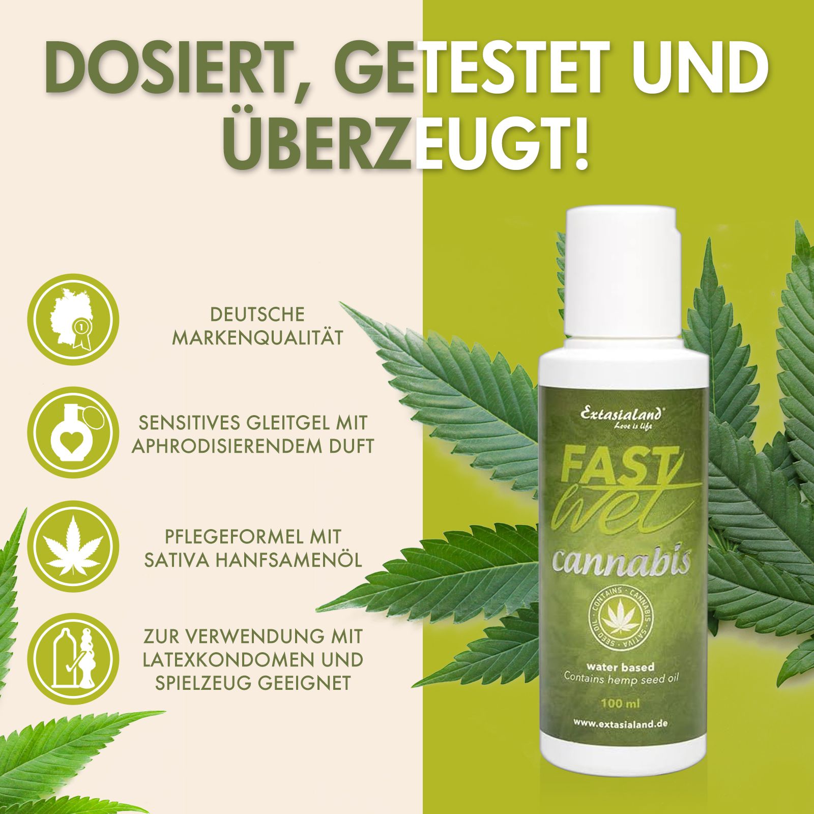 Produktflasche mit Aufschrift: Fast Wet Cannabis. Text über Vorteile. Blätter.