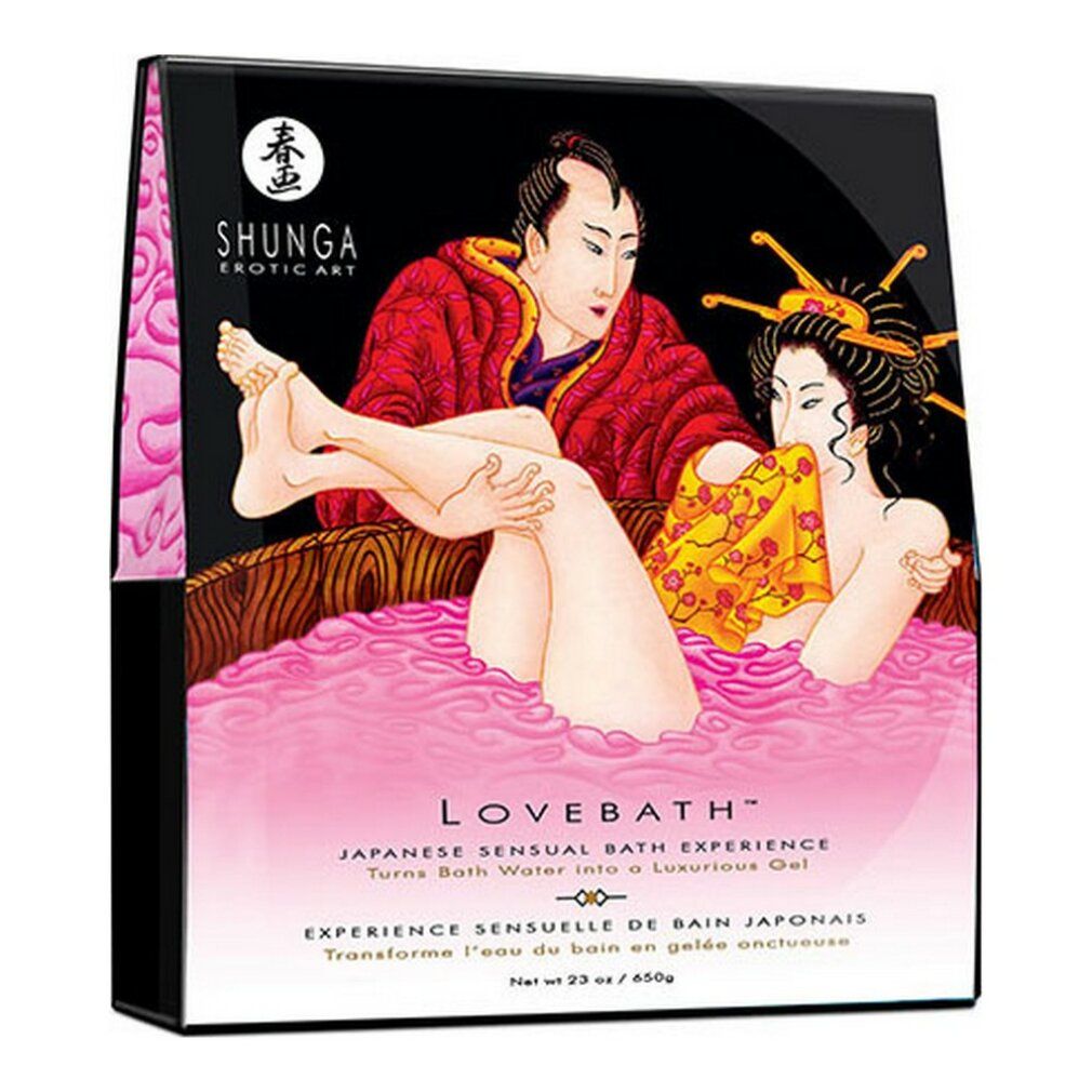 Verpackung für Lovebath, japanisches sinnliches Badeerlebnis. Zeigt ein Paar in einer Badewanne.
