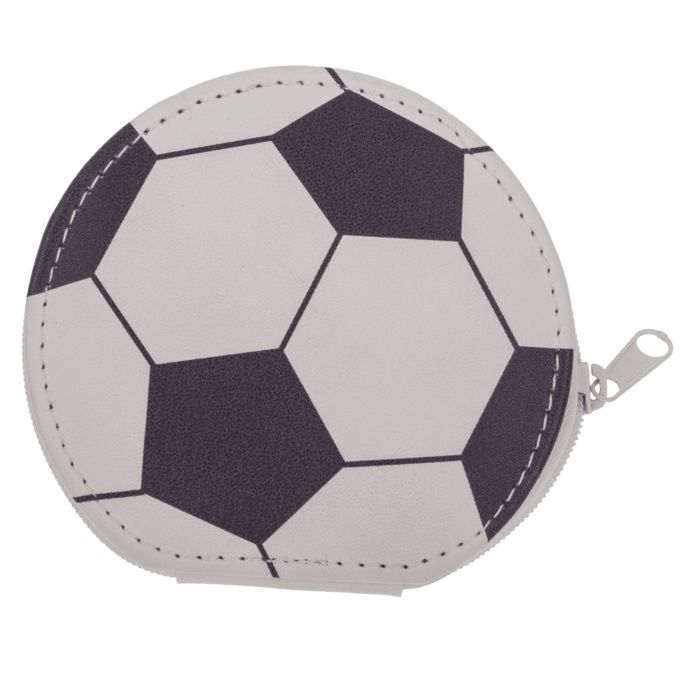 Runde, geschlossene Kosmetiktasche im Fußball-Design. Schwarz-weiße sechseckige Musterung, Reißverschluss.