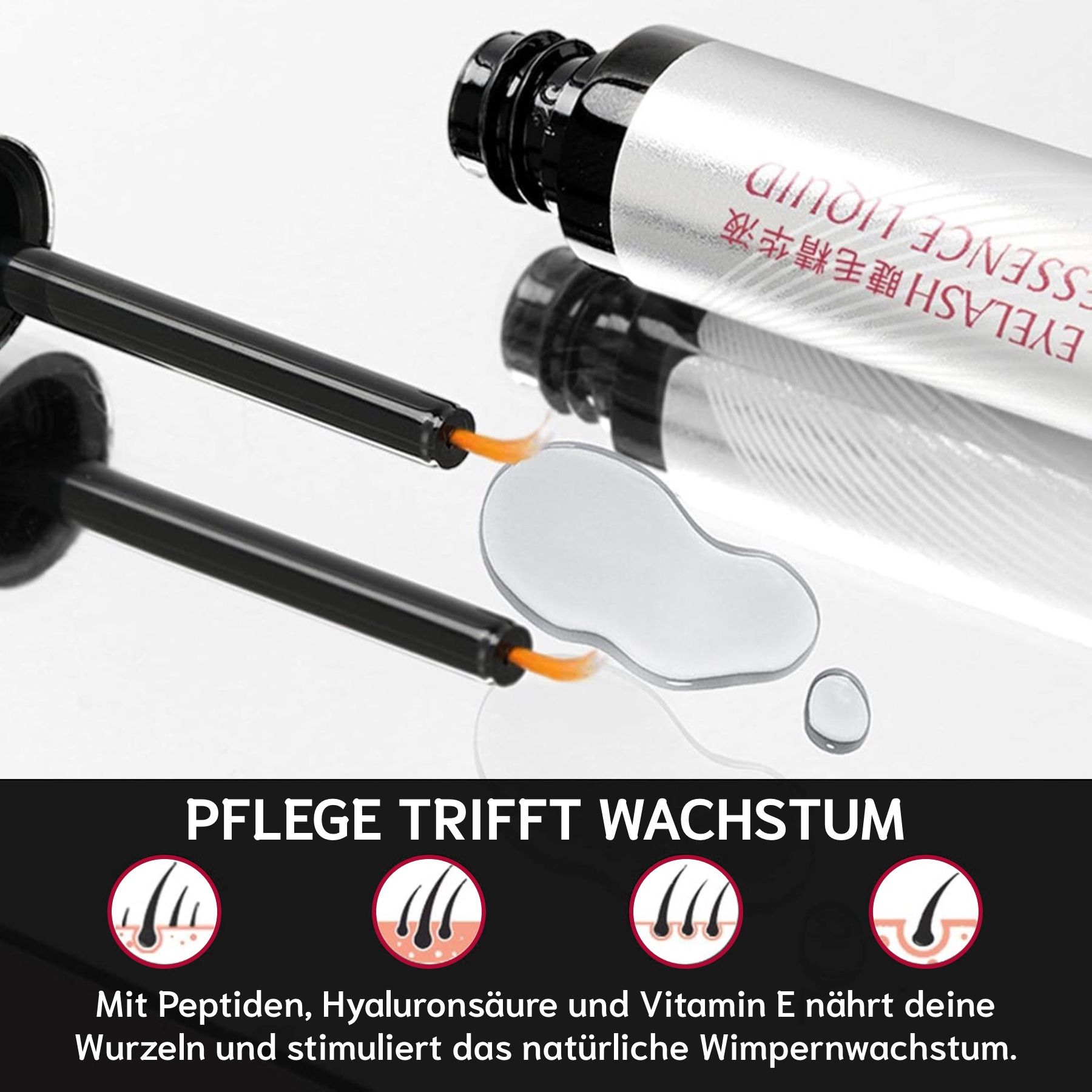 Nahaufnahme des Applikators. Der Applikator hat eine feine Spitze. Daneben ein Tropfen Flüssigkeit.