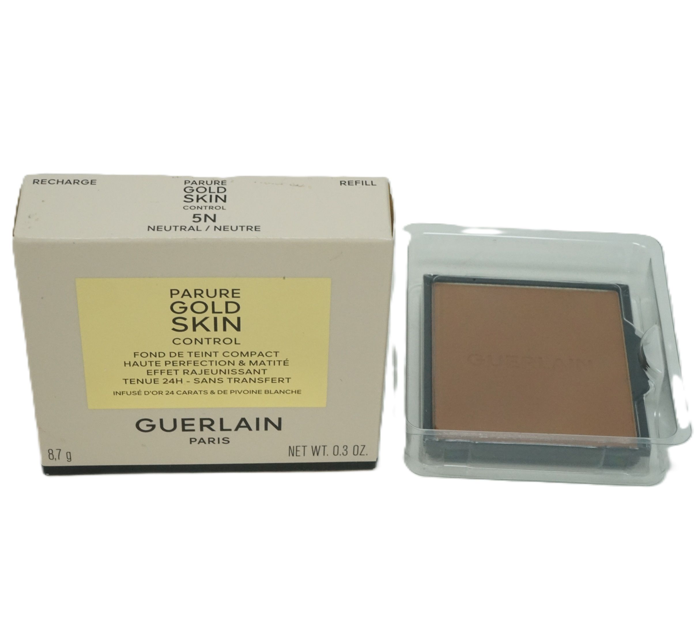Kompakt-Make-up in Verpackung und separater Hülle. Aufschrift: Parure Gold Skin Control, 5N Neutral. Marke: Guerlain.