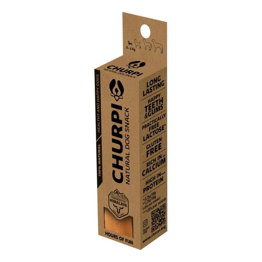 Churpi-Hundesnack in Kartonverpackung. Braune Verpackung mit Produktnamen und Text. Enthält Informationen zu Inhaltsstoffen.