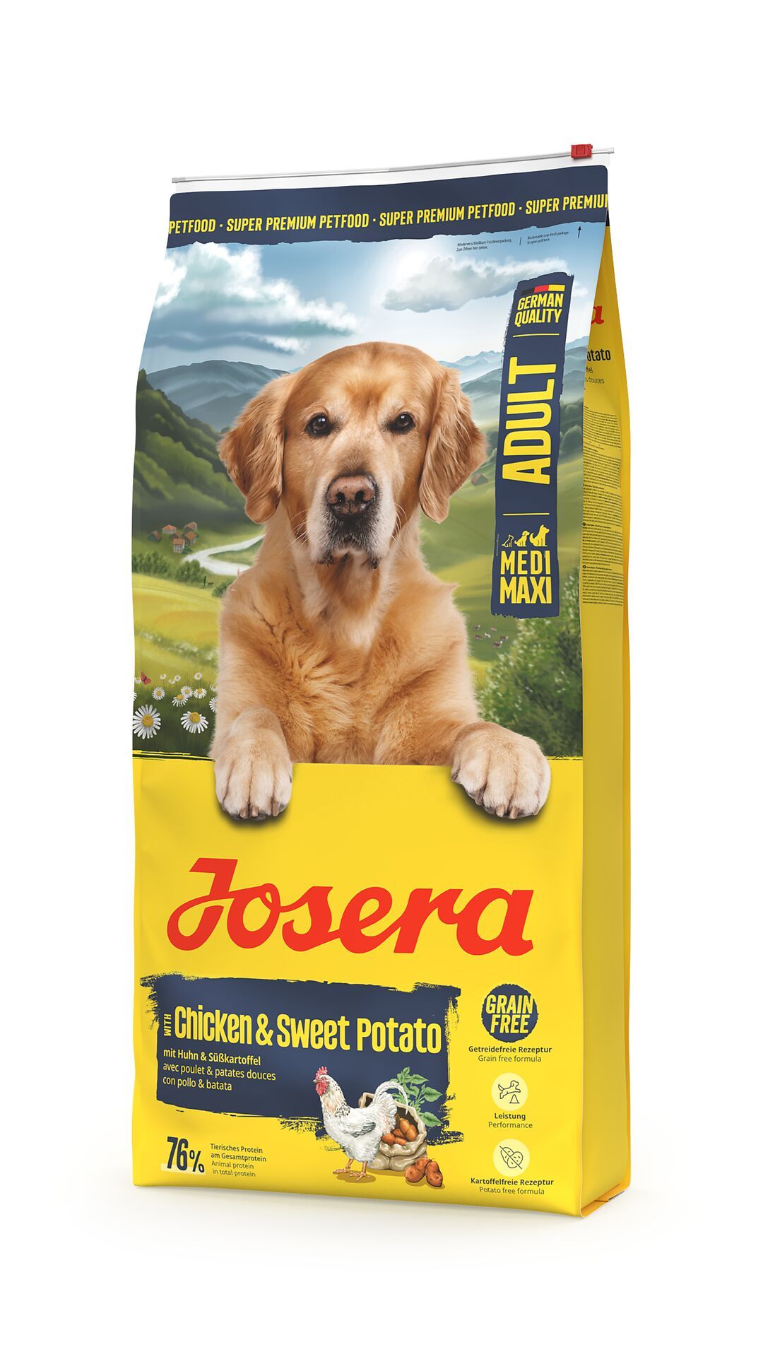 Gelbe Verpackung mit Hund, Produktname JOSERA, Chicken & Sweet Potato. Aufdrucke: Adult, Medi Maxi, Getreidefrei, 76%.