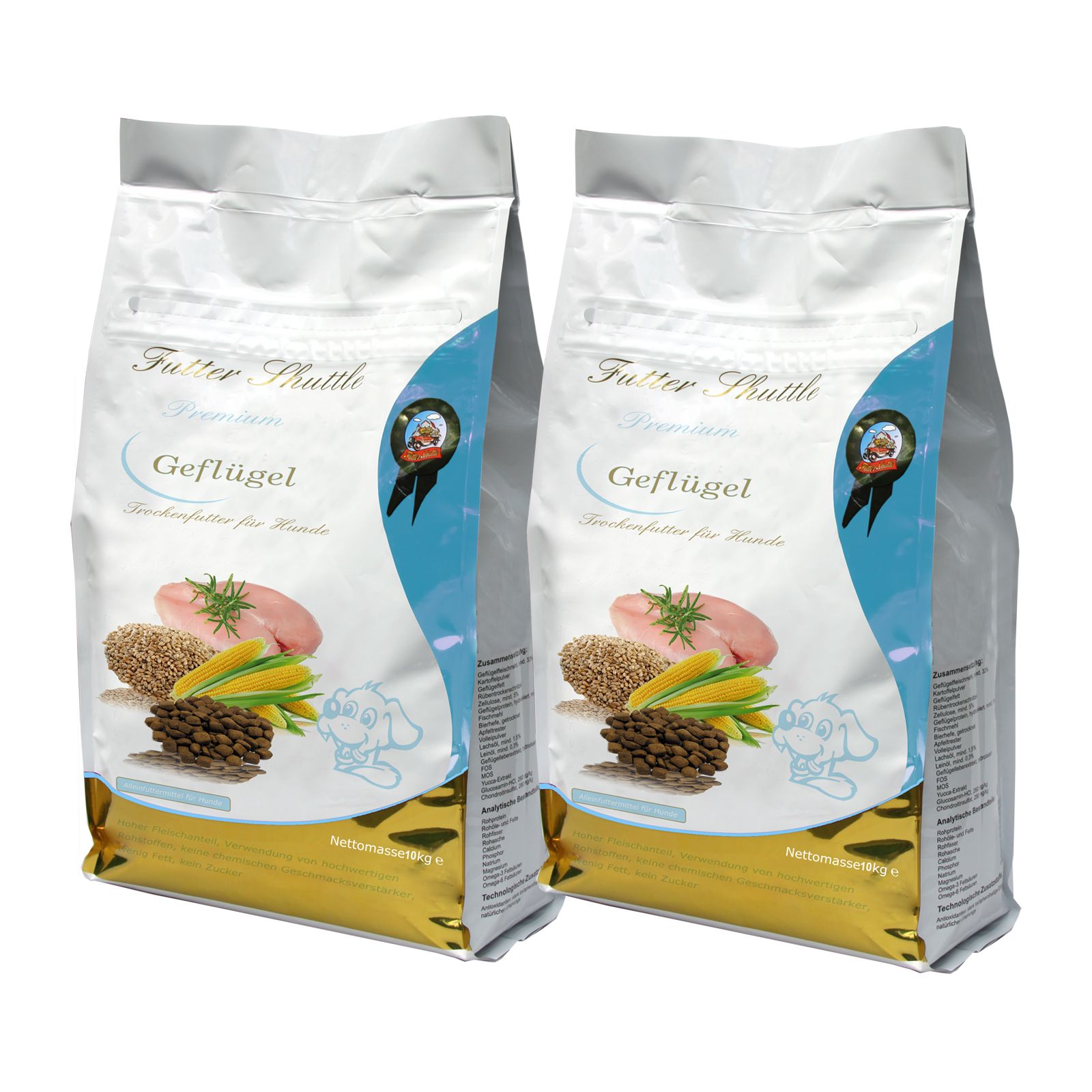 Zwei Beutel Hundefutter mit Geflügel. Aufdruck: Futter Shuttle, Geflügel, Trockenfutter für Hunde. Abbildung von Zutaten.