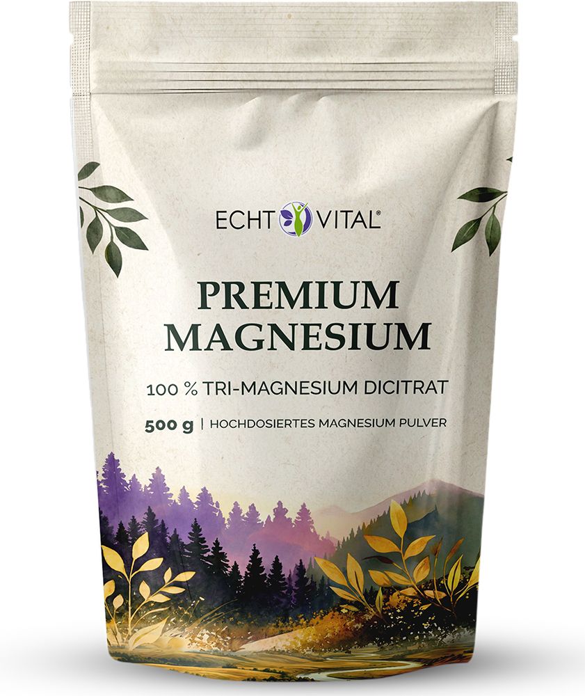 Standbeutel mit Echt Vital Premium Magnesium Pulver, 100 % Tri-Magnesium Dicitrat.