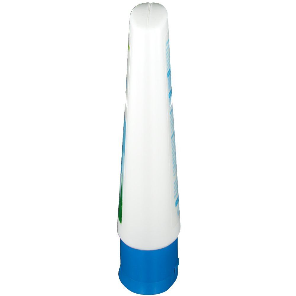 Weiße Flasche mit blauem Deckel, von oben gesehen. Produktname und Logo.