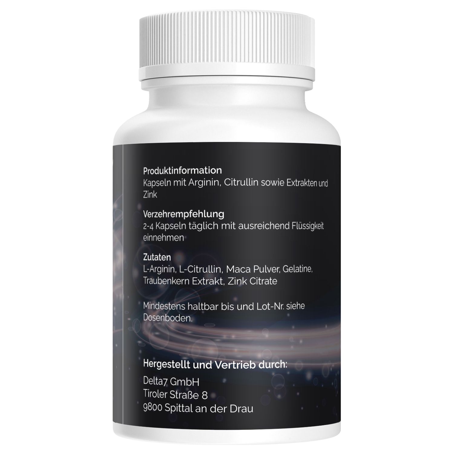 Rückseite eines Tribonol Kapselbehälters mit Produktinformationen und Zutatenliste.