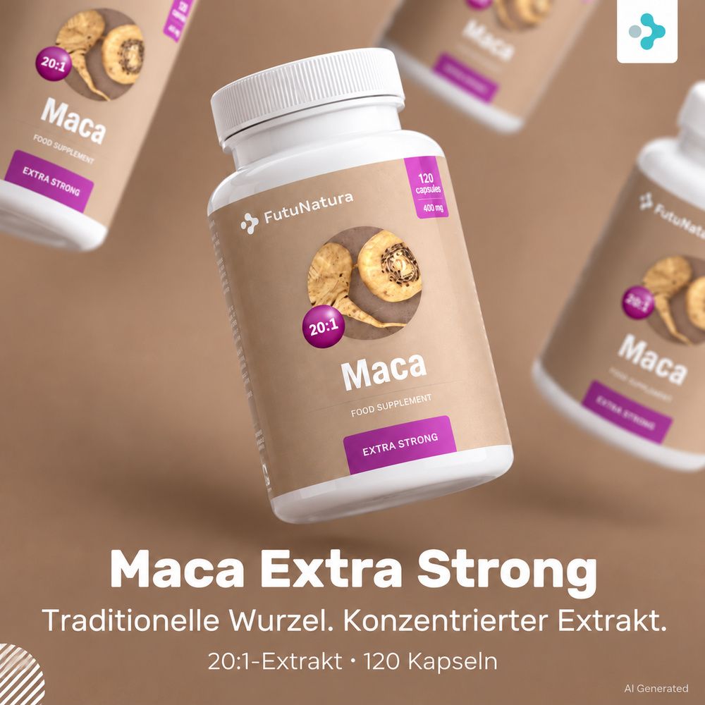 Flasche mit FutuNatura Maca Extra Strong Kapseln, 120 Stück, mit Maca-Wurzeln im Hintergrund.