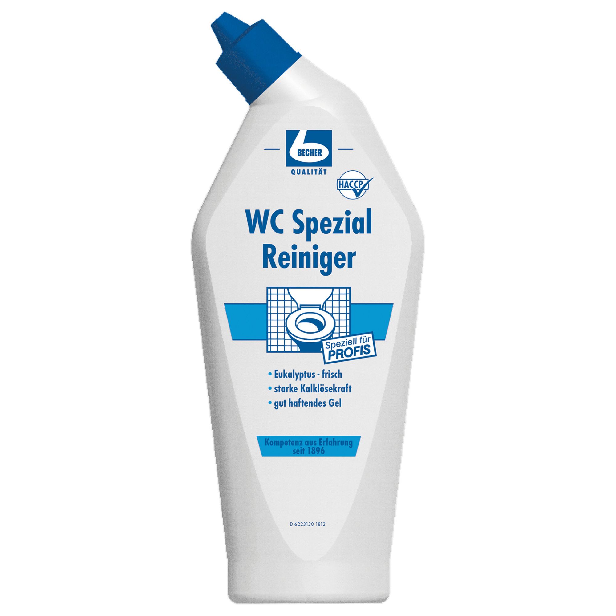 Weiße Flasche mit blauem Deckel. Aufschrift: WC Spezial Reiniger. Logo und Text: Speziell für Profis. Enthält Eukalyptus.